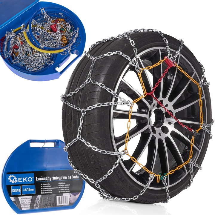 Geko KN140 hólánc, 3,5/12 mm-es négyzetes szemek a fokozott tapadásért, akár 295 mm-es kerekekhez, ezüst, készlet egy tengelyhez (2 kerék)
