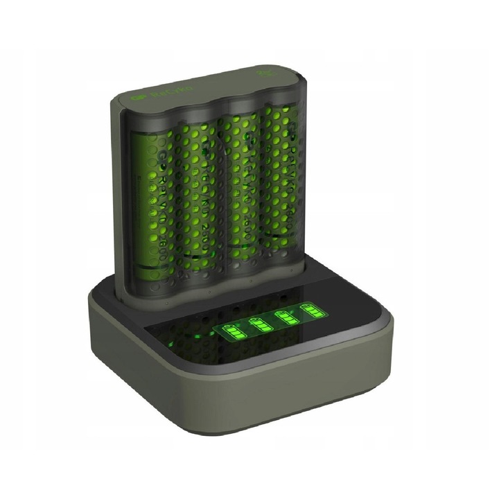 Incarcator baterii / statie de incarcare GP M451 + D451, USB compatibil, incarcare 1-4x AA/AAA Ni‑MH, detectie Delta-V si timer, micro USB si 4x AA ReCyko 2600mAh incluse, ecologic, gri/verde, Set