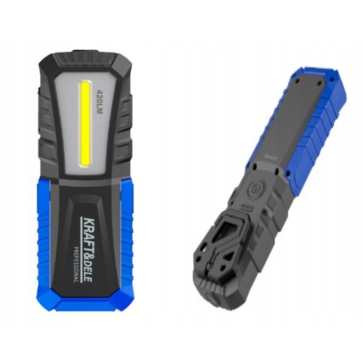 LED фенер за работилница, Kraft&Dele KD1263, 420 lm, батерия 4400mAh, магнит в основата и кука, 3 режима, IPX4, зареждане USB-C, черен/син, 1 бр.