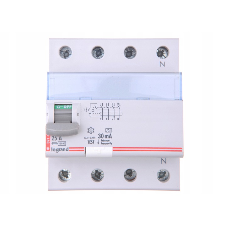 Intrerupator diferential Legrand P304 TX3, 4P 25 A, sensibilitate 30 mA (0,03 A), tip A, montaj pe sina DIN, 4 module, alb, 1 buc