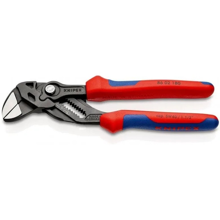 Клещи регулируеми Knipex 86 02 180, клещи-гаечен ключ 2 в 1, с гладки челюсти за защита на повърхностите, бързо регулиране с бутон, капацитет 40 мм, червен/син, 180 мм