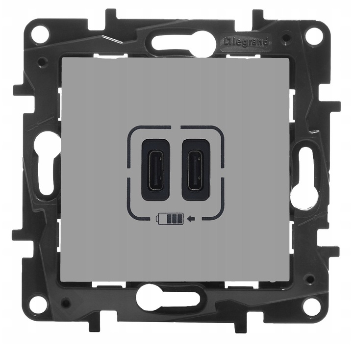Зарядно USB Legrand Niloe Step 863339B, вградено двойно зарядно 2 x USB-C 3A, 5V/3A 15W, монтаж на рамка, алуминий