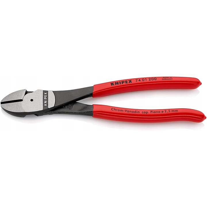 Knipex 74 01 200 oldalcsípőfogó, megnövelt áttételi aránnyal (20%-kal kevesebb erőt igényel), kovácsolt króm-vanádium acélból, huzalvágás 4,2 mm-ig, fekete/piros, 1 db