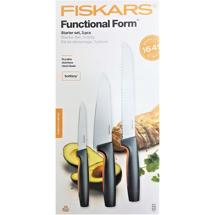 Fiskars Functional Form konyhakés szett, 3 darabos, japán rozsdamentes acél pengék, ergonomikus SoftGrip markolat, mosogatógépben mosható, fekete/narancs, 11 cm/16,9 cm/21,3 cm