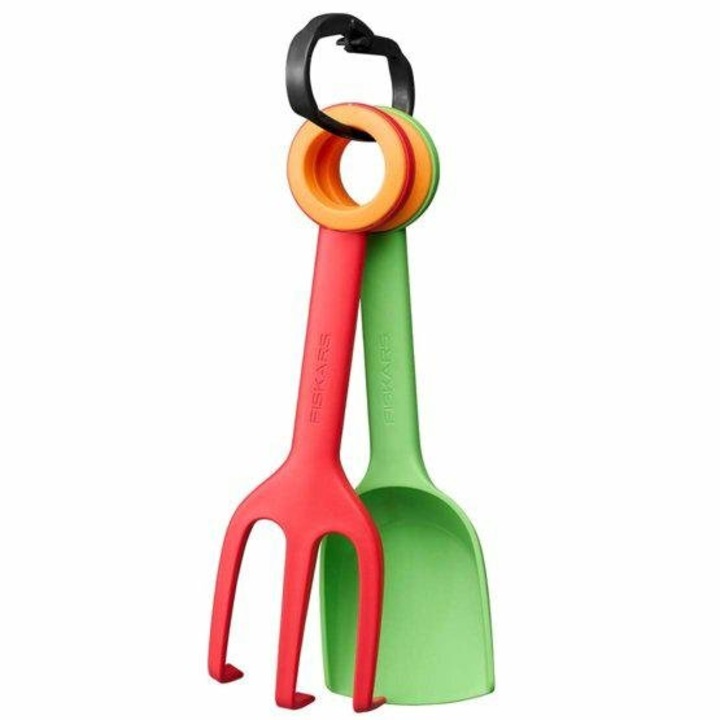 2 részes készlet, lapát és kultivátor gyerekeknek Fiskars MyFirstFiskars, csúszásmentes fogantyúk, tartós, szálerősítésű anyag, piros/zöld