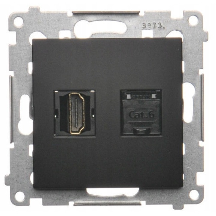 Priza HDMI + RJ45 Cat.6, Kontakt-Simon, Simon 54 DGHRJ45.01/49, RJ45 ne-ecranat, montaj incastrat, negru mat, 1 buc