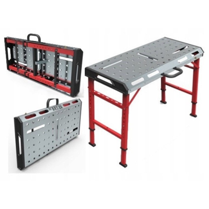 Masa de sudura Kraft&Dele KD639 pliabila, suprafata zincata 2 mm, reglaj inaltime 705-930 mm (7 niveluri), capacitate maxima 454 kg, gri/rosu, 1068 x 532 mm