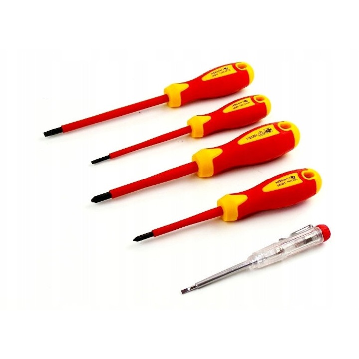 5 darabos készlet, Hoegert Technik HT1S994 szigetelt csavarhúzók, VDE 1000 V tanúsítvánnyal, S2 acél, mágneses hegy, ergonomikus kétkomponensű nyél, piros/sárga