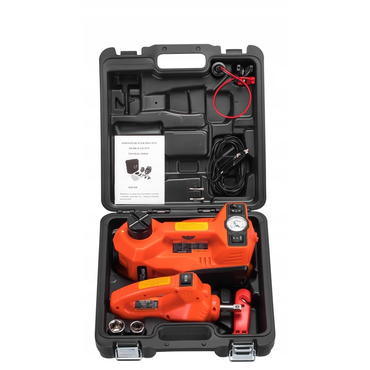 Cric auto Kraft&Dele KD1368, cric hidraulic electric 12V, 5T, cheie electrica automata 12V, compresor incorporat, lampa LED, valiza cu accesorii, portocaliu, 1 set