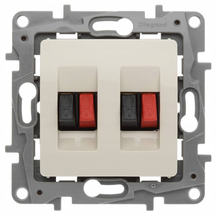 Priza dubla pentru difuzoare Legrand Niloe 764681, montaj incastrat, material termoplastic fara halogeni, finisaj lucios, bej, 75.8x75.8x31 mm