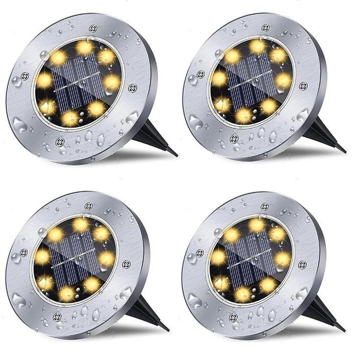 Комплект от 4 LED лампи за трева, Лампи за алеи, IP65, Неръждаема стомана, 8 LED на лампа, 5 V, Топло бяло