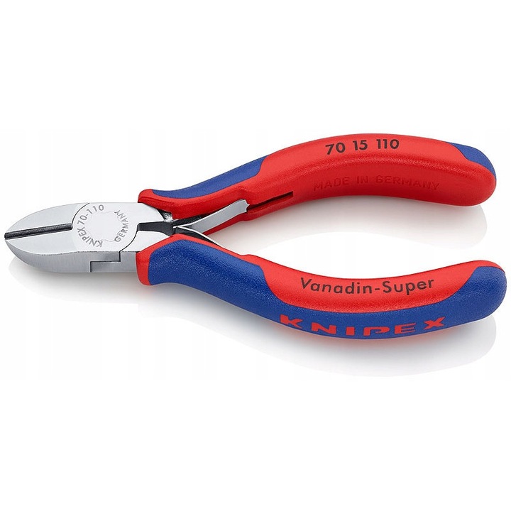 Knipex 70 15 110 oldalcsípőfogó, krómozott fej, induktívan edzett élek (≈62 HRC), 3 mm átmérőjű huzalig vág, piros/kék, 110 mm