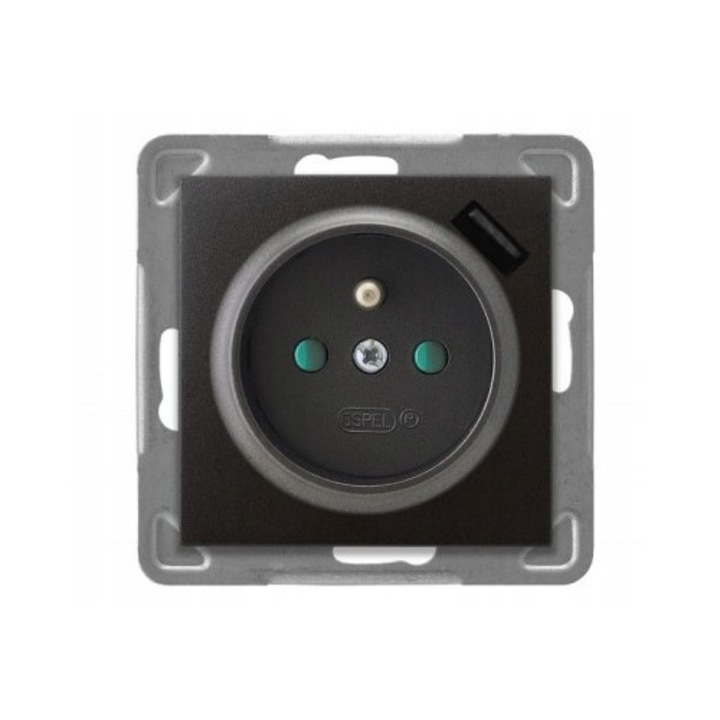 Контакт с USB зарядно Ospel Impresja GP-1YZPUSB/m/50, единичен със заземяване и защитни капачета, вграден монтаж, 16A, 230V, пластмаса/метал, антрацит, 1 бр.