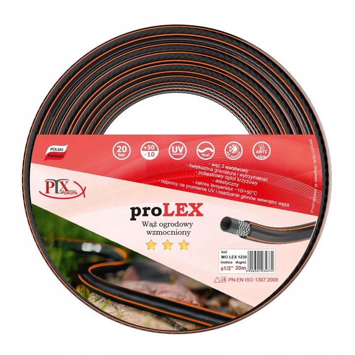 Градински маркуч PLX 1/2", 30м, 3 слоя, черно-оранжев, комплект 4 части
