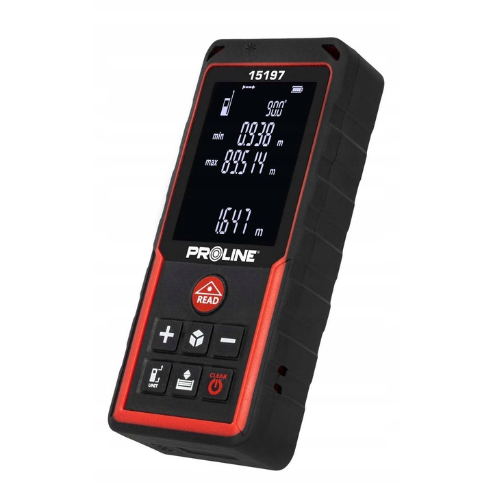 Telemetru laser Proline 15197, masurare 50 m, timp de masurare 0,5 s, ip54, clasa laser II, memorie 99 masuratori, negru/rosu, 1 buc