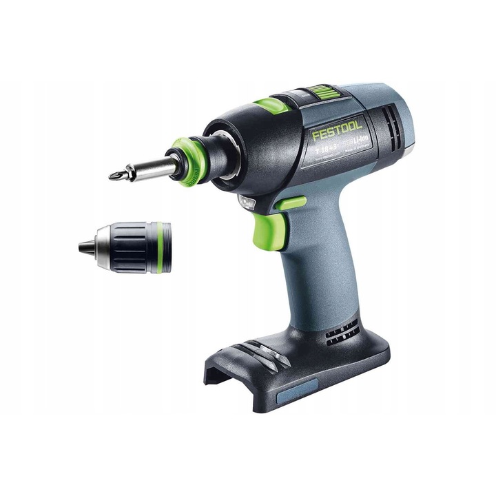 Bormasina-surubelnita cu acumulator Festool T 18+3-Basic 18V, motor fara perii EC-TEC, sistem CENTROTEC cu FastFix 13mm si bit PZ2 inclus, gri/verde, 1 buc