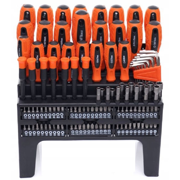 Set surubelnite si biti Kraft&Dele KD10958, cu suport de depozitare, cu adaptor cu clichet, portocaliu/negru, 122 piese