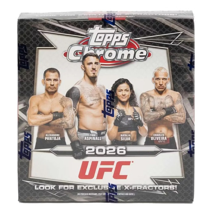 2026 Topps Chrome UFC Mega Box (48 de cărți Fighter, inclusiv 10 cărți X-Fractor garantate și 1 carte Parallel numerotată!)