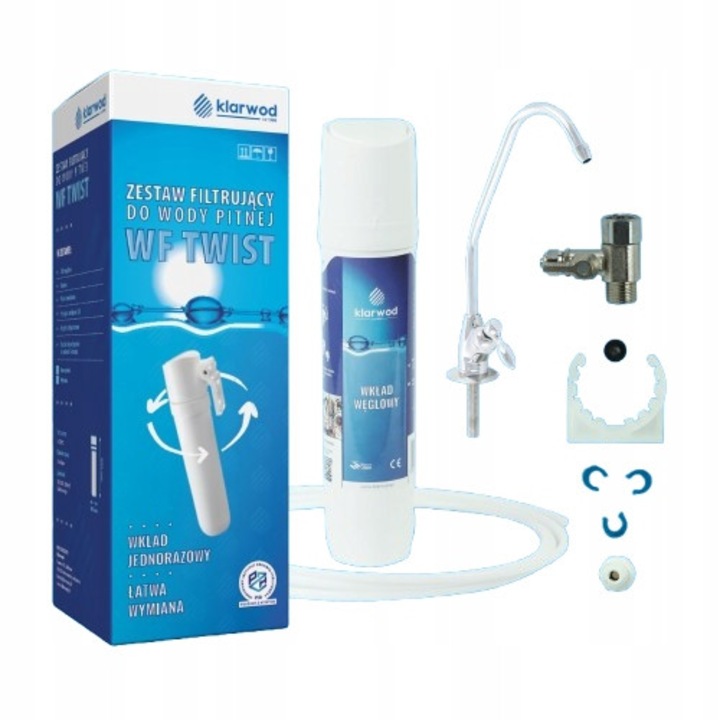 Set filtrare apa potabila Klarwod WF Twist, cu cartus cu carbune activ, pipa ceramica cromata, alb/crom, 1 set, 10.000 l