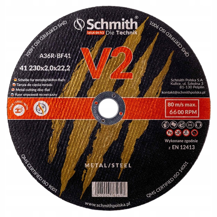 Schmith S41A-04-V2 fémvágó tárcsa, 230x2,0x22,2 mm, elektrokorunddal és gyémántszemcsékkel, EN 12413 tanúsítvánnyal, fekete, 10 db