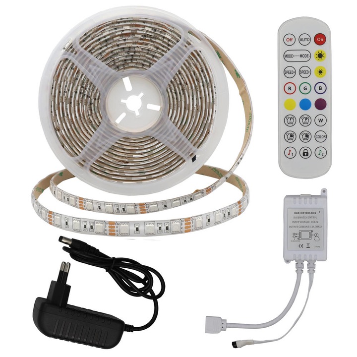 Kit Banda LED 5050 RGBIC, WIFI, IP20 Interior, Control Din Telefon Prin Internet, Tuya App, Telecomanda 24 Taste, RGBIC, 5 metri 30 LED/m, Schimbare Culori Pe Ritmul Muzicii, Pentru Dormitor, Living, Decor Uniune