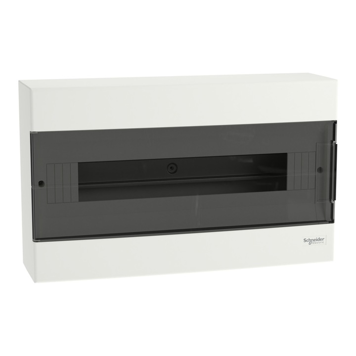 Tablou electric aparent Schneider Electric Easy9 EU EZ9EU-1-18-NT-T, 1 rand 18 module, 63 A, IP40, usa fumurie reversibila 180°, alb (RAL 9003)