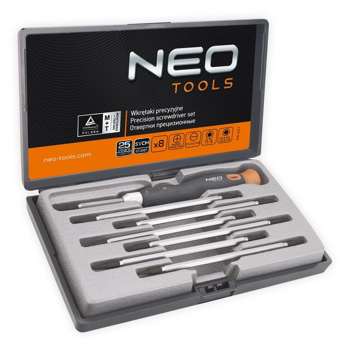 Комплект от 8 части, прецизни отвертки NEO TOOLS 04-227, двойни битове 120 мм (PH0/PH00/PH000, плоски 1.5-3.0 мм, TORX T5-T8, шестограм 1.5-3.0 мм), магнитни накрайници от хром-молибденова стомана, двукомпонентна дръжка с въртяща се капачка, сиво/оранжево