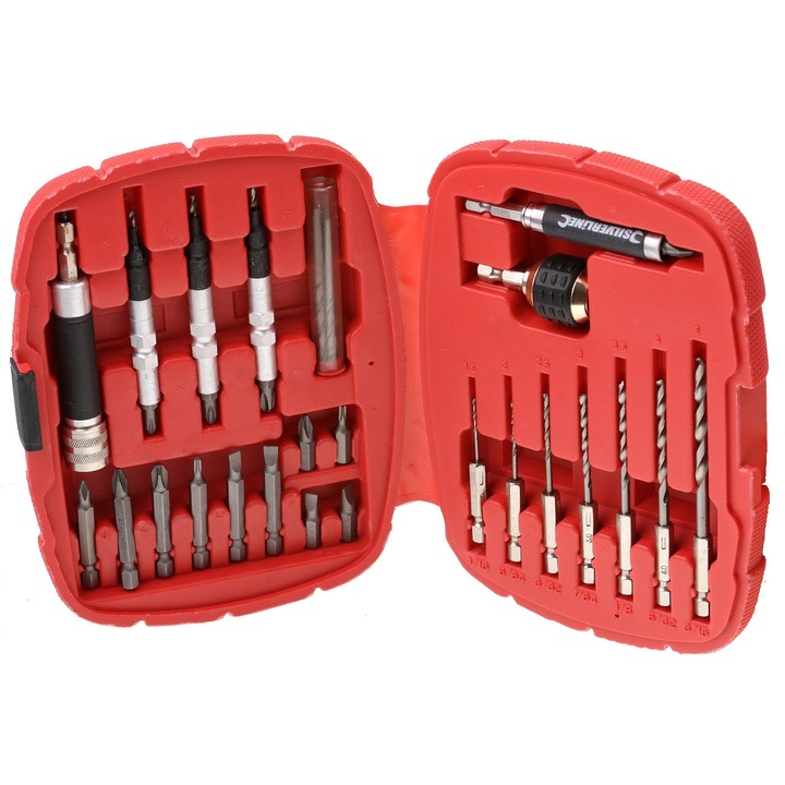 30 részes készlet, Silverline 595749, bitek, fúrók és adapterek, 1/4 gyorsrögzítő rendszerrel, CrV bitek 25/50mm és 7 HSS fúró 1.5-5mm, piros
