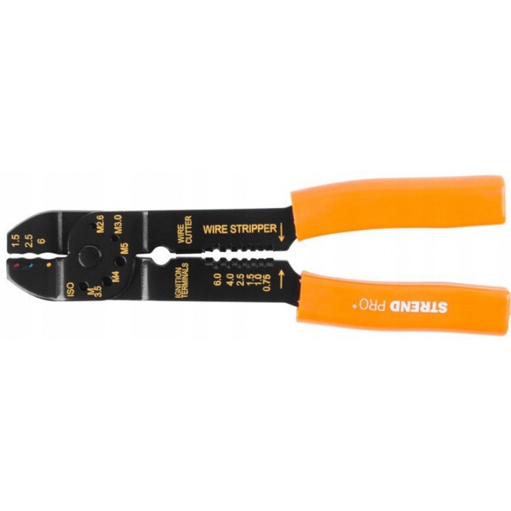 Клещи за кримпване на кабелни накрайници Strend Pro 229271, метални, с комплект сменяеми глави, ергономична пластмасова дръжка, пластмасова кутия, оранжеви, 100 броя