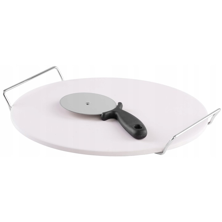 Strend Pro pizzakő / sütőkő, kordierit, fogantyúkkal és krómozott tartóval, 800°C-ig hőálló, pizzavágóval, natúr, O33 cm