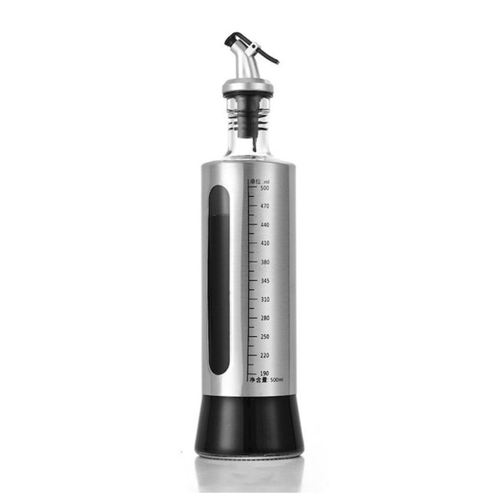 Olaj- és ecetadagoló mérőskálával, vastag üveg és rozsdamentes acél tartály, csepegésmentes rendszer, 500 ml, átlátszó ezüst, 28.5 x 7.5 cm