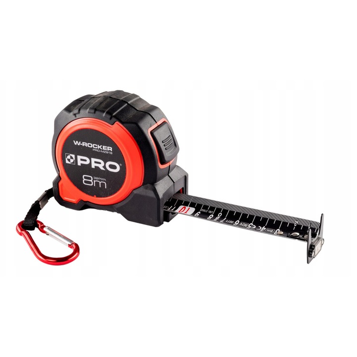 Mérőszalag Pro W-ROCKER PRO-MZ918, 32 mm-es acélszalag, W profil a stabilitásért, mágnes a kampón, megerősített ABS+TPR ház, fekete/piros, 8 m