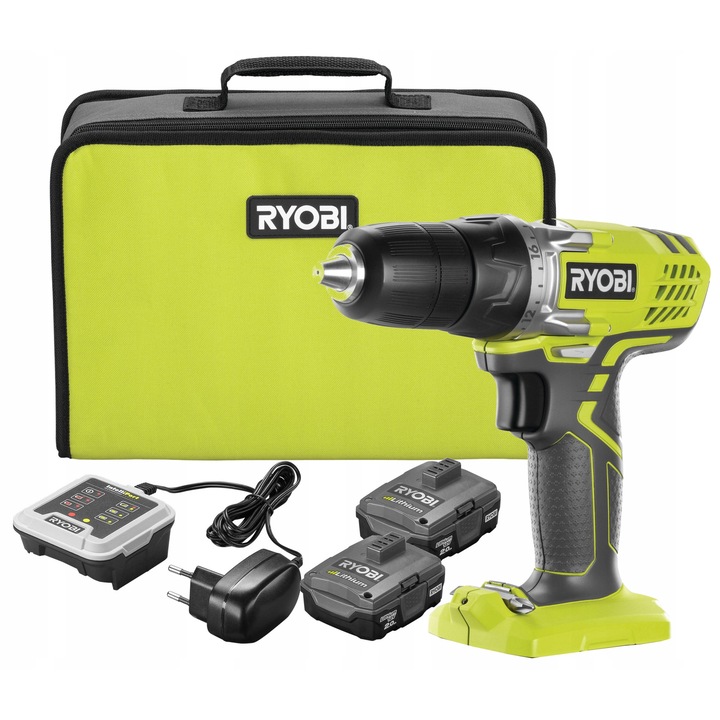 Ryobi R12SD-220S fúró/csavarozó, 12V, 25 Nm, 22 fokozatú nyomatékállítás, 2 x 12V 2.0Ah akkumulátor, LED világítás, Zöld/Fekete, 1 szett