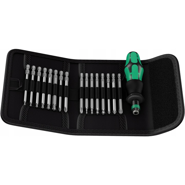 Комплект от 17 части, накрайници Wera Kraftform Kompakt 60, дръжка Kraftform Plus със захват Rapidaptor, накрайници PH/PZ/imbus/Torx със сферичен връх, сгъваем калъф от найлон, черен/зелен