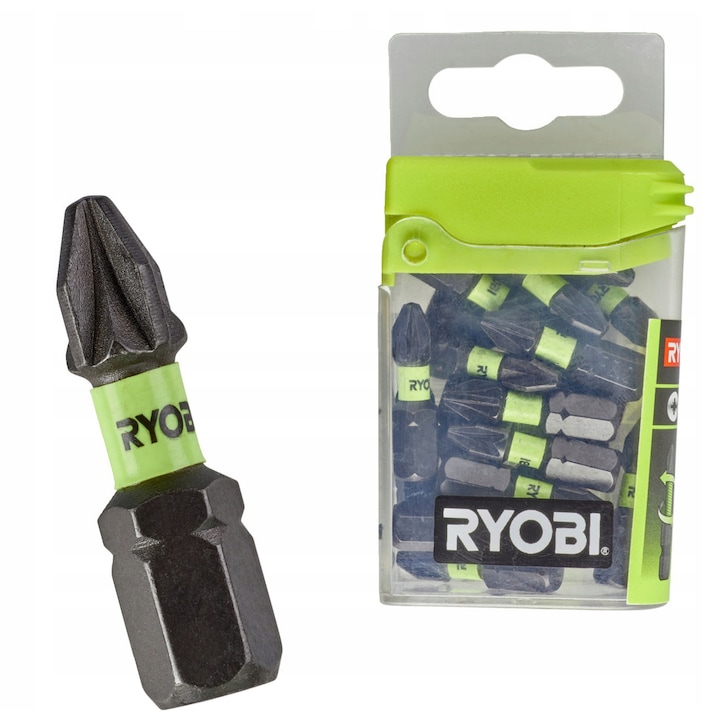 Set 20 bucati, Biti Ryobi Phillips RISD25PZ2TT, rezistenti la impact Torque+, lungime de lucru 25 mm, otel, Negru