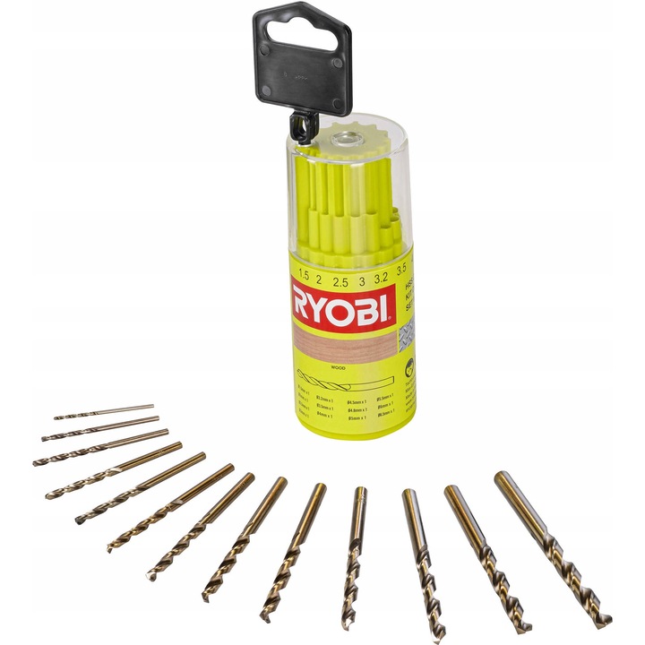 Készlet 13 darab, Ryobi RAK13HSS fúrókészlet, HSS fa fúrók, 1,5-6,5 mm, Sárga/átlátszó