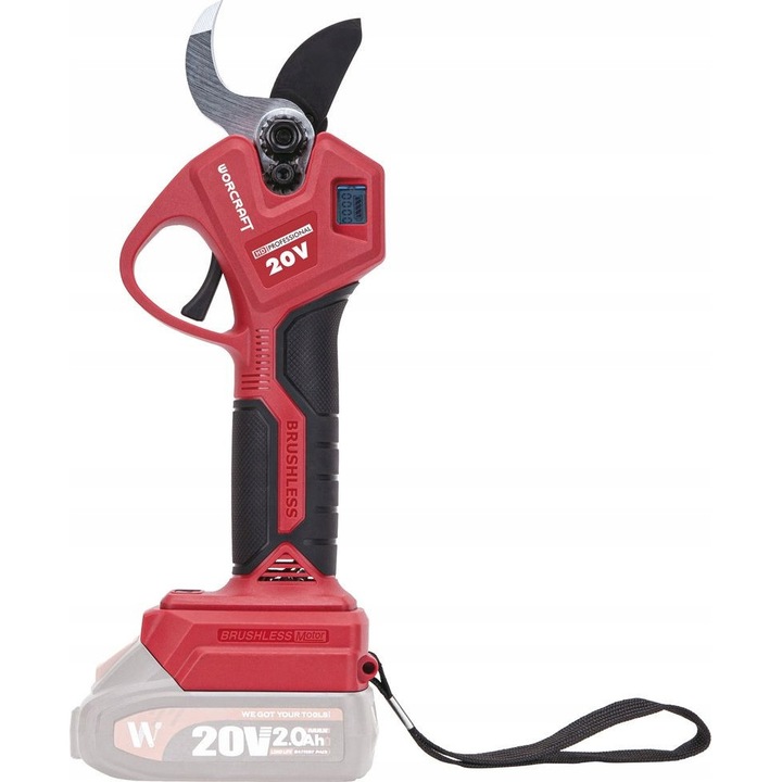 Worcraft 20V Li-ion akkus ágvágó olló, kefe nélküli motor, 30 mm vágási kapacitás, piros/fekete