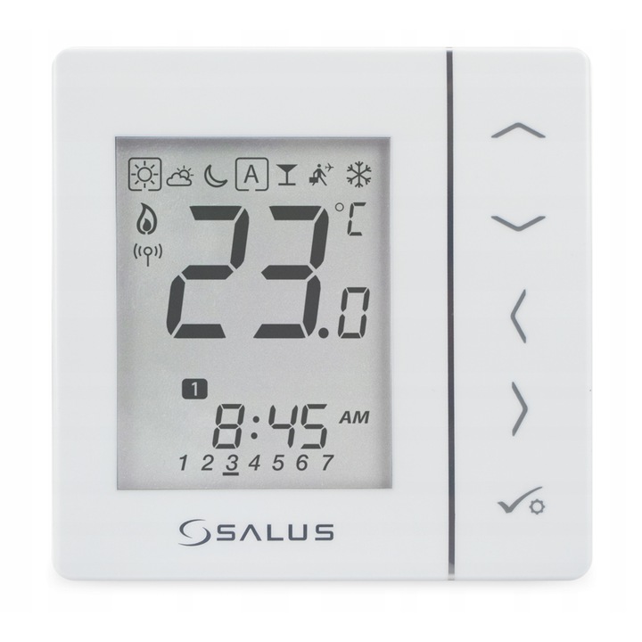 Salus VS10WRF hőmérséklet-szabályozó (termosztát), beépíthető, vezeték nélküli, digitális 230V, ZigBee 2.4 GHz, padlóérzékelő bemenettel, heti programozással, O60 mm-es dobozba szerelhető, fehér