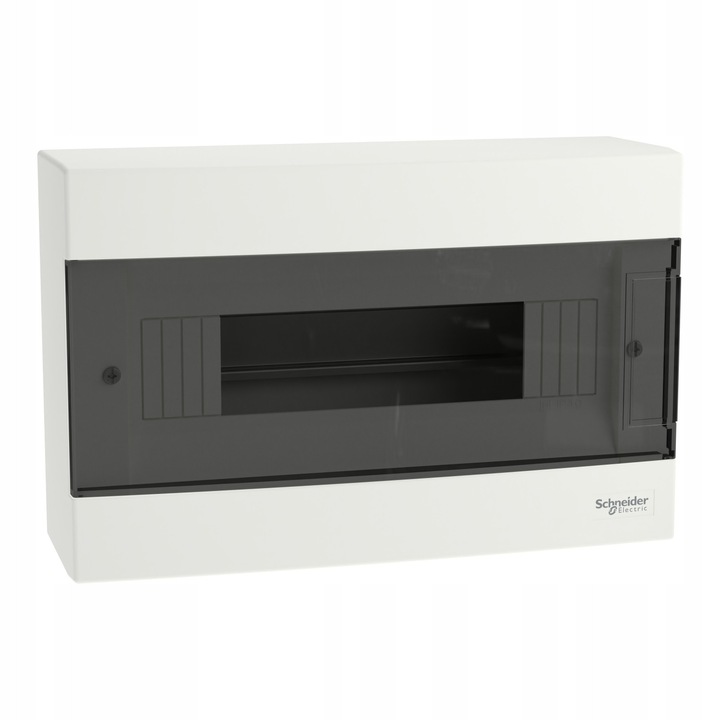 Tablou electric Schneider Electric Easy9 EZ9EUC112, cutie de distributie, 1 rand, 12 module (18 mm), montaj aparent, IP40, usa fumurie transparenta, alb RAL 9003