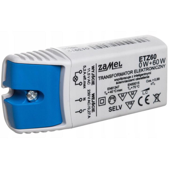 Zamel ETZ60 elektronikus transzformátor 230V/11,5V AC, 0-60W, fényerőszabályzással és rövidzárlat- és túlterhelésvédelemmel, fehér, 1 db