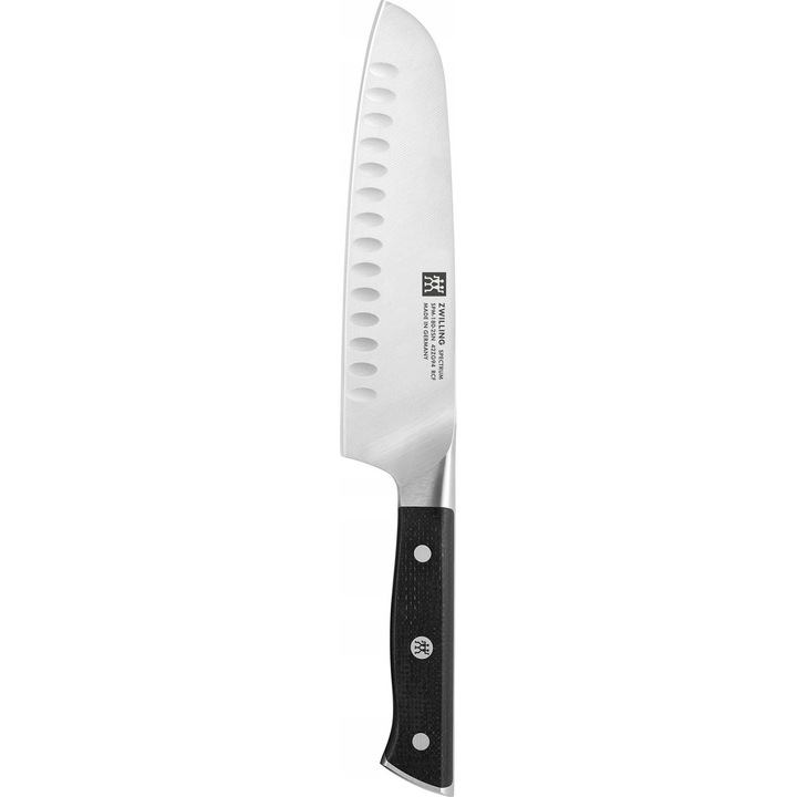 Zwilling Spectrum Santoku kés, RCF acélból, tapadásmentes hornyokkal, ergonomikus Micarta nyéllel, ezüst/fekete, 18 cm