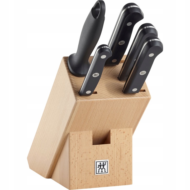 6 részes készlet, Zwilling Gourmet konyhakések, FRIODUR edzett pengék, ergonomikus fekete markolatok, természetes fa késtartó, fekete/natúr fa