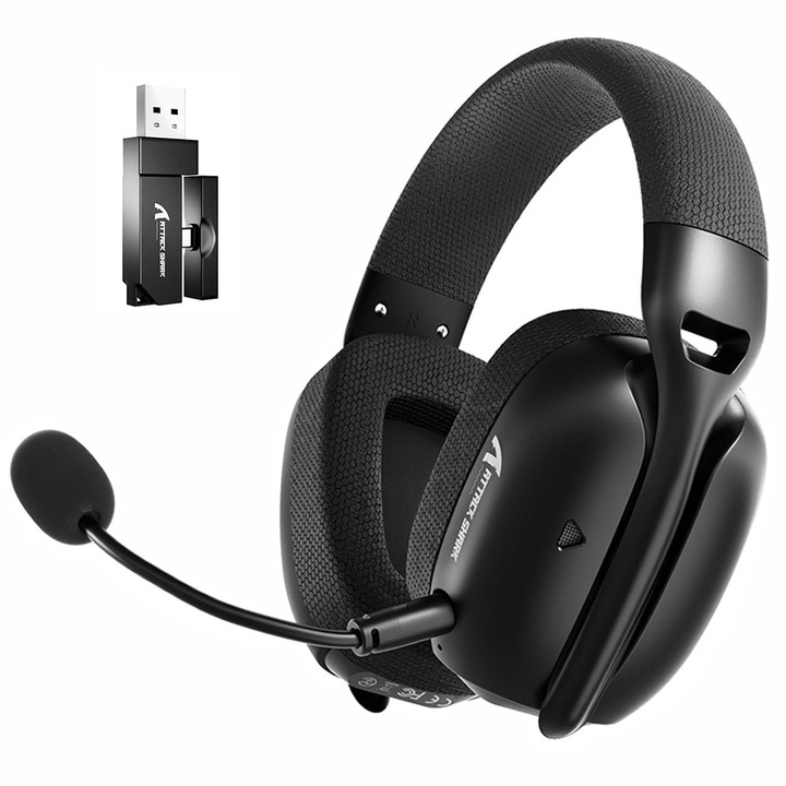 Casti Gaming Wireless Attack Shark, Over-Ear, Bluetooth/2.4G/Kábel, Térhatású Hangzás, Zajszűrés, Dupla Mikrofon, Kompatibilis PC/PS5/Laptop/Telefon, Fekete