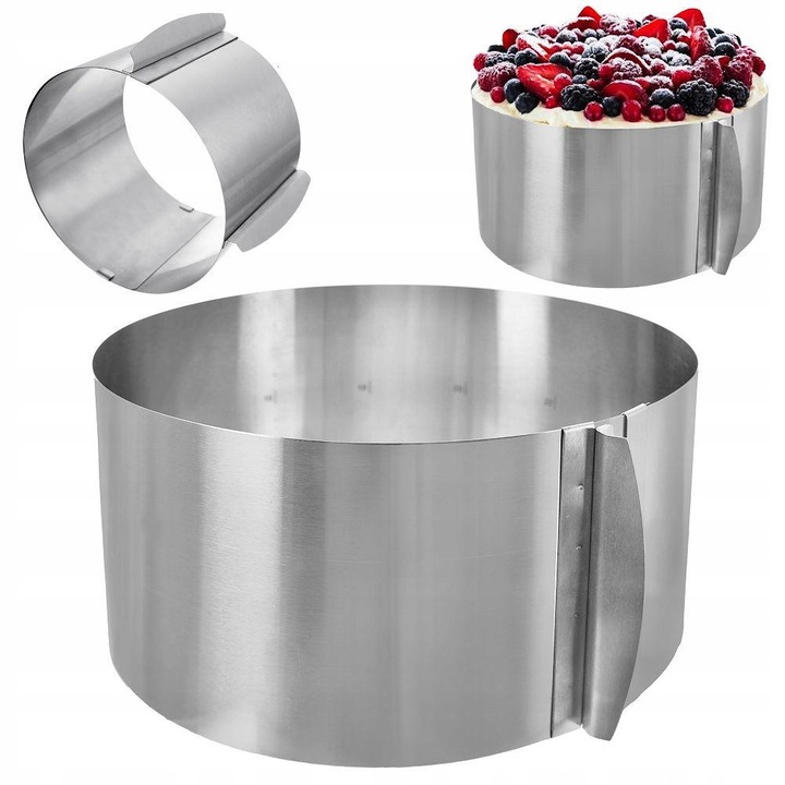 Forma reglabila pentru prajituri si torturi Orion 151780, din otel inoxidabil, reglabila 16-30 cm, inaltime 14,5 cm, cu 2 cleme de fixare, argintiu, 1 buc.