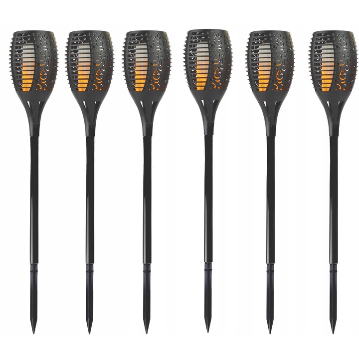 Set 6 bucati, Lampa solara decorativa Strend Pro 58 cm, cu 12 LED, senzor crepuscular, acumulator 1,2V AA 300mAh, lumina galbena, negru, 6 x 58 cm