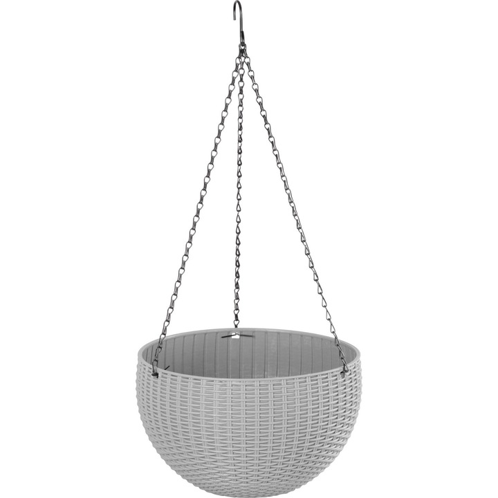 Strend Pro kerek függő virágtartó, szürke rattan, 26x16cm, fekete lánc, 58cm teljes magasság