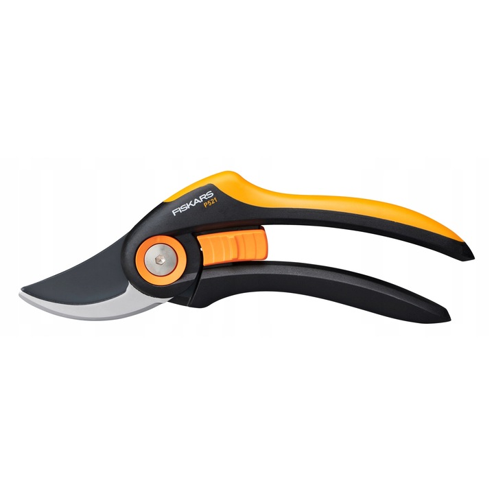 Ножица за клони (градинска ножица) Fiskars Plus P521, закалено стоманено острие с незалепващо покритие, ергономична дръжка FiberComp със SoftGrip, за рязане на свежи клони, черен/оранжев, 21 см, диаметър на рязане 2,4 см