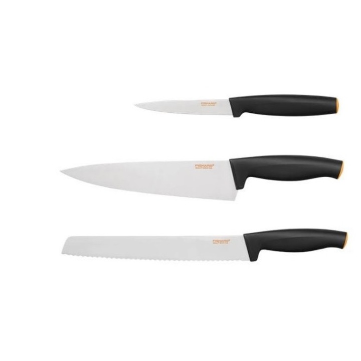 Fiskars Functional Form 3 darabos késkészlet, kenyérvágó kés 230 mm, séf kés 200 mm, hámozó kés 110 mm, Softouch markolat, japán rozsdamentes acél HRC 52, fekete