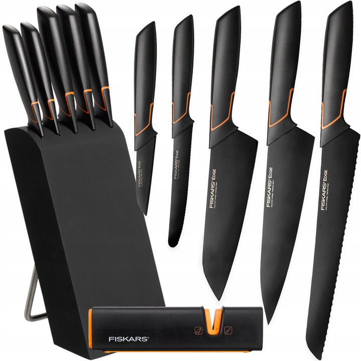 5 darabos készlet, Fiskars Edge konyhakések, rozsdamentes acél pengék PTFE bevonattal, ergonomikus ABS fogantyúk, fa késtartó és élező mellékelve, fekete