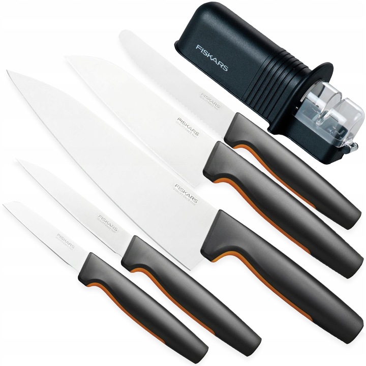 Fiskars Functional Form 5 részes konyhakés készlet, narancs-fekete, 8-20cm, + Roll-Sharp késélező